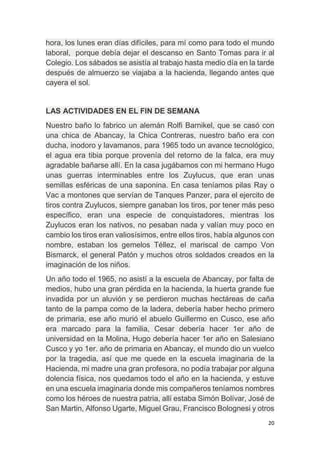 20
hora, los lunes eran días difíciles, para mí como para todo el mundo
laboral, porque debía dejar el descanso en Santo Tomas para ir al
Colegio. Los sábados se asistía al trabajo hasta medio día en la tarde
después de almuerzo se viajaba a la hacienda, llegando antes que
cayera el sol.
LAS ACTIVIDADES EN EL FIN DE SEMANA
Nuestro baño lo fabrico un alemán Rolfi Barnikel, que se casó con
una chica de Abancay, la Chica Contreras, nuestro baño era con
ducha, inodoro y lavamanos, para 1965 todo un avance tecnológico,
el agua era tibia porque provenía del retorno de la falca, era muy
agradable bañarse allí. En la casa jugábamos con mi hermano Hugo
unas guerras interminables entre los Zuylucus, que eran unas
semillas esféricas de una saponina. En casa teníamos pilas Ray o
Vac a montones que servían de Tanques Panzer, para el ejercito de
tiros contra Zuylucos, siempre ganaban los tiros, por tener más peso
específico, eran una especie de conquistadores, mientras los
Zuylucos eran los nativos, no pesaban nada y valían muy poco en
cambio los tiros eran valiosísimos, entre ellos tiros, había algunos con
nombre, estaban los gemelos Téllez, el mariscal de campo Von
Bismarck, el general Patón y muchos otros soldados creados en la
imaginación de los niños.
Un año todo el 1965, no asistí a la escuela de Abancay, por falta de
medios, hubo una gran pérdida en la hacienda, la huerta grande fue
invadida por un aluvión y se perdieron muchas hectáreas de caña
tanto de la pampa como de la ladera, debería haber hecho primero
de primaria, ese año murió el abuelo Guillermo en Cusco, ese año
era marcado para la familia, Cesar debería hacer 1er año de
universidad en la Molina, Hugo debería hacer 1er año en Salesiano
Cusco y yo 1er. año de primaria en Abancay, el mundo dio un vuelco
por la tragedia, así que me quede en la escuela imaginaria de la
Hacienda, mi madre una gran profesora, no podía trabajar por alguna
dolencia física, nos quedamos todo el año en la hacienda, y estuve
en una escuela imaginaria donde mis compañeros teníamos nombres
como los héroes de nuestra patria, allí estaba Simón Bolívar, José de
San Martin, Alfonso Ugarte, Miguel Grau, Francisco Bolognesi y otros
 
