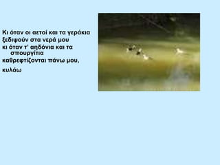 Κη όηαλ νη αεηνί θαη ηα γεξάθηα
μεδηςνύλ ζηα λεξά κνπ
θη όηαλ η’ αεδόληα θαη ηα
ζπνπξγίηηα
θαζξεθηίδνληαη πάλσ κνπ,
θπιάσ

 