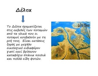 ∆έλτα
Το ∆έλτα σχηµατίζεται
στις εκβολές των ποταµών
από τα υλικά που οι
ποταµοί κουβαλούν µε τηποταµοί κουβαλούν µε τη
ροή τους. Είναι εκτάσεις
ξηράς µε µεγάλο
οικολογικό ενδιαφέρον
γιατί εκεί βρίσκουν
καταφύγιο σπάνια πουλιά
και πολλά είδη φυτών.
 