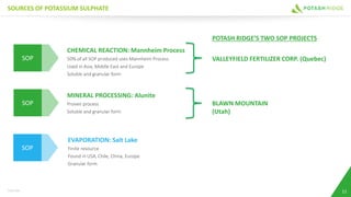 SOURCES OF POTASSIUM SULPHATE
SOP
CHEMICAL REACTION: Mannheim Process
50% of all SOP produced uses Mannheim Process
Used in Asia, Middle East and Europe
Soluble and granular form
SOP
EVAPORATION: Salt Lake
Finite resource
Found in USA, Chile, China, Europe
Granular form
11TSX:PRK
SOP
MINERAL PROCESSING: Alunite
Proven process
Soluble and granular form
POTASH RIDGE’S TWO SOP PROJECTS
BLAWN MOUNTAIN
(Utah)
VALLEYFIELD FERTILIZER CORP. (Quebec)
 