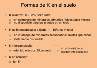 Formas de K en el suelo
• K mineral: 90 - 98% del K total
o en estructura de minerales primarios (feldespatos micas)
o no ...