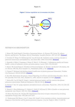 Figura 11.
Figura 1.
REFERENCIAS BIBLIOGRÁFICAS
1. Mount DB, Zandi-Nejad K. Disorders of potassium balance. In: Brenner BM, Levine SA, editors.
Brenner and Rector¿s. The Kidney, 8th ed. Philadelphia: Saunders Elsevier, 2007;547¿587. [Pubmed]
2. Greenlee M, Wingo CS, McDonough AA, Youn JH, Kone BC. Narrative review: evolving concepts in
potassium homeostasis and hypokalemia. Ann Intern Med. 2009;150:619-625. [Pubmed]
3. Reynolds A, Mann J, Cummings J, Winter N, Mete E, Te Morenga L. Carbohydrate quality and human
health: a series of systematic reviews and meta-analyses. Lancet. 2019; 393:434-445].
4. Mount, DB, Zandi-Nejad, K. Disorders of Potassium Balance. In: Brenner and Rector''s The Kidney, 8th
ed, Brenner, BM (Ed), W.B. Saunders Co., Philadelphia 2008. p. 547. [Pubmed]
5. Clausen T. Hormonal and pharmacological modification of plasma potassium homeostasis. Fundam
Clin Pharmacol. 2010;24:595-605. [Pubmed]
6. Rose BD. Homeostasis del potasio. Clinical Physiology of acid-base and electrolyte disorders. 5th ed,
Mc Graw-Hill, New York, 2001. (Marbán S.L. 2005, edición en español) 372-404. [Pubmed]
7. Sterns RH, Cox M, Feig PU, Singer I. Internal potassium balance and the control of the plasma
potassium concentration. Medicine (Baltimore). 1981;60:339-54. [Pubmed]
8. Clausen T. Na+-K+ pump regulation and skeletal muscle contractility. Physiol Rev. 2003; 83:1269-324.
[Pubmed]
9. Rossetti L, Klein-Robbenhaar G, Giebisch G, Smith D, DeFronzo R. Effect of insulin on renal potassium
metabolism. Am J Physiol. 1987;252: F60-4. [Pubmed]
10. Brown MJ, Brown DC, Murphy MB. Hypokalemia from beta2-receptor stimulation by circulating
epinephrine.N Engl J Med. 1983;309:1414-1419.
11. Wiederseiner JM, Muser J, Lutz T, Hulter HN, Krapf R. Acute metabolic acidosis: characterization and
diagnosis of the disorder and the plasma potassium response. J Am Soc Nephrol. 2004; 15:1589-96.
 