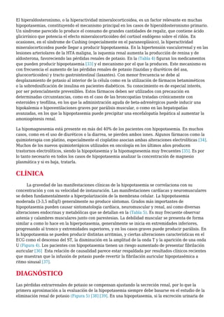 El hiperaldosteronismo, o la hiperactividad mineralocorticoidea, es un factor relevante en muchas
hipopotasemias, constituyendo el mecanismo principal en los casos de hiperaldosteronismo primario.
Un síndrome parecido lo produce el consumo de grandes cantidades de regaliz, que contiene ácido
glicirrínico que potencia el efecto mineralocorticoideo del cortisol endógeno sobre el riñón. En
ocasiones, en el síndrome de Cushing (especialmente en el paraneoplásico), la hiperactividad
mineralocorticoidea puede llegar a producir hipopotasemia. En la hipertensión vasculorrenal y en las
lesiones arteriolares de la HTA maligna, la isquemia renal aumenta la producción de renina y de
aldosterona, favoreciendo las pérdidas renales de potasio. En la (Tabla 4) figuran los medicamentos
que pueden producir hipopotasemia [33] y el mecanismo por el que la producen. Este mecanismo es
con frecuencia el aumento de las pérdidas renales de potasio (tiazidas y diuréticos del asa,
glucocorticoides) y tracto gastrointestinal (laxantes). Con menor frecuencia se debe al
desplazamiento de potasio al interior de la célula como en la utilización de fármacos betamiméticos
o la sobredosificación de insulina en pacientes diabéticos. Su conocimiento es de especial interés,
por ser potencialmente prevenibles. Estos fármacos deben ser utilizados con precaución en
determinadas circunstancias, como en el caso de las broncopatías tratadas crónicamente con
esteroides y teofilina, en los que la administración aguda de beta-adrenérgicos puede inducir una
hipokalemia e hipoventilaciones graves por parálisis muscular, o como en las hepatopatías
avanzadas, en los que la hipopotasemia puede precipitar una encefalopatía hepática al aumentar la
amoniogénesis renal.
La hipomagnesemia está presente en más del 40% de los pacientes con hipopotasemia. En muchos
casos, como en el uso de diuréticos o la diarrea, se pierden ambos iones. Algunos fármacos como la
quimioterapia con platino, especialmente el cisplatino asocian ambas alteraciones electrolíticas [34].
Muchos de los nuevos quimioterápicos utilizados en oncología en los últimos años producen
trastornos electrolíticos, siendo la hipopotasemia y la hipomagnesemia muy frecuentes [35]. Es por
lo tanto necesario en todos los casos de hipopotasemia analizar la concentración de magnesio
plasmática y si es baja, tratarla.
CLÍNICA
La gravedad de las manifestaciones clínicas de la hipopotasemia se correlaciona con su
concentración y con su velocidad de instauración. Las manifestaciones cardíacas y neuromusculares
se deben fundamentalmente a hiperpolarización de la membrana celular. La hipopotasemia
moderada (3-3,5 mEq/l) generalmente no produce síntomas. Grados más importantes de
hipopotasemia pueden causar sintomatología cardíaca, neuromuscular y renal, así como diversas
alteraciones endocrinas y metabólicas que se detallan en la (Tabla 5). Es muy frecuente observar
astenia y calambres musculares junto con parestesias. La debilidad muscular se presenta de forma
similar a como lo hace en la hiperpotasemia, generalmente se inicia en extremidades inferiores,
progresando al tronco y extremidades superiores, y en los casos graves puede producir parálisis. En
la hipopotasemia se pueden producir distintas arritmias, y ciertas alteraciones características en el
ECG como el descenso del ST, la disminución en la amplitud de la onda T y la aparición de una onda
U (Figura 4). Los pacientes con hipopotasemia tienen un riesgo aumentado de presentar fibrilación
auricular [36] Esta relación de causalidad parece estar respaldada por resultados clínicos recientes
que muestran que la infusión de potasio puede revertir la fibrilación auricular hipopotasémica a
ritmo sinusal [37].
DIAGNÓSTICO
Las pérdidas extrarrenales de potasio se compensan ajustando la secreción renal, por lo que la
primera aproximación a la evaluación de la hipopotasemia siempre debe basarse en el estudio de la
eliminación renal de potasio (Figura 5) [38] [39]. En una hipopotasemia, si la excreción urinaria de
 