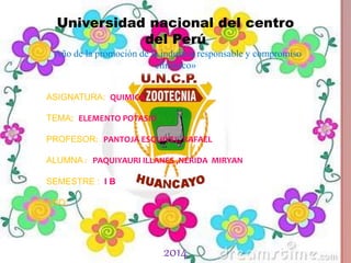 Universidad nacional del centro
del Perú
«Año de la promoción de la industria responsable y compromiso
climático»
ASIGNATURA: QUIMICA
TEMA: ELEMENTO POTASIO
PROFESOR: PANTOJA ESQUIVEL, RAFAEL
ALUMNA : PAQUIYAURI ILLANES ,NERIDA MIRYAN
SEMESTRE : I B
AÑO:
2014
 