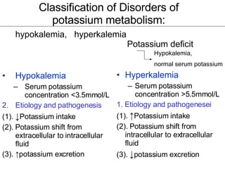 Classification of Disorders of potassium metabolism: Hypokalemia Serum potassium concentration <3.5mmol/L Etiology and pathogenesis (1).  ↓ Potassium intake (2). Potassium shift from extracellular to intracellular fluid (3). ↑potassium excretion Hyperkalemia Serum potassium concentration >5.5mmol/L 1. Etiology and  pathogenesei (1).  ↑ Potassium intake (2). Potassium shift from intracellular to extracellular fluid (3).  ↓ potassium excretion hypokalemia,  hyperkalemia Potassium deficit Hypokalemia, normal serum potassium 