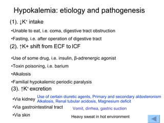 Hypokalemia: etiology and pathogenesis (3). ↑K +  excretion Unable to eat, i.e. coma, digestive tract obstruction Fasting, i.e. after operation of digestive tract (1). ↓K +  intake (2). ↑K+ shift from ECF to ICF Use of some drug, i.e. insulin,  β -adrenergic agonist Toxin poisoning, i.e. barium Alkalosis Familial hypokalemic periodic paralysis Via kidney Via gastrointestinal tract Via skin Use of certain diuretic agents, Primary and secondary aldosteronism Alkalosis, Renal tubular acidosis, Magnesium deficit Vomit, dirrhea, gastric suction Heavy sweat in hot environment 