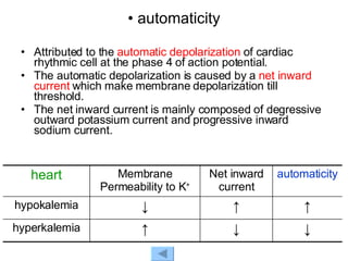 automaticity Attributed to the  automatic depolarization  of cardiac rhythmic cell at the phase 4 of action potential. The automatic depolarization is caused by a  net inward current  which make membrane depolarization till threshold. The net inward current is mainly composed of degressive outward potassium current and progressive inward sodium current. ↓ ↓ ↑ hyperkalemia ↑ ↑ ↓ hypokalemia automaticity Net inward current Membrane Permeability to K + heart 