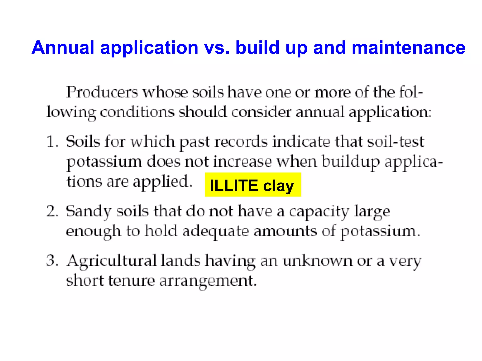 Annual application vs. build up and maintenance

ILLITE clay

 