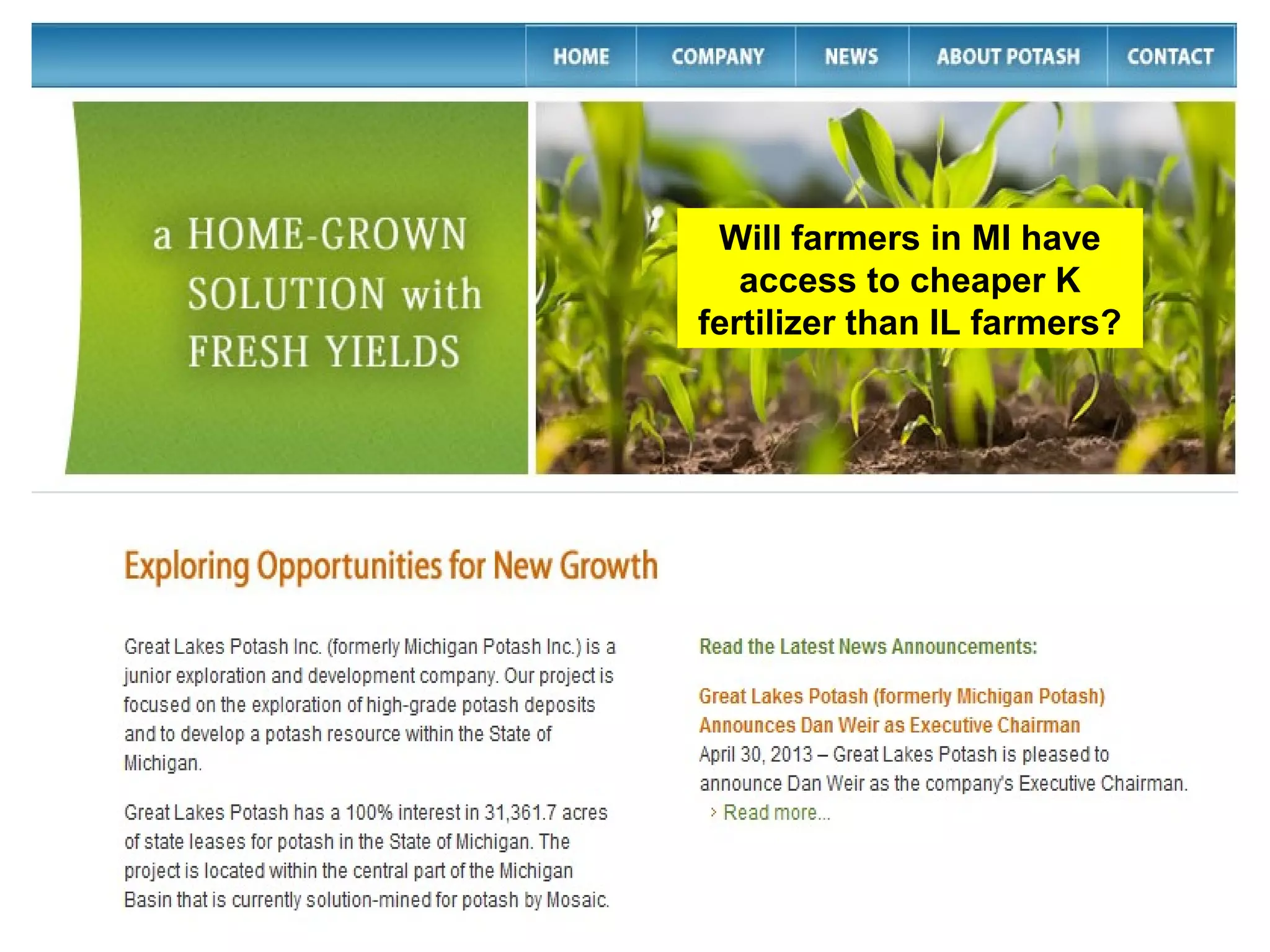 Will farmers in MI have
access to cheaper K
fertilizer than IL farmers?

 