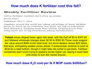 How much does K fertilizer cost this fall?

Potash prices dripped lower again last week, with the Gulf off $5 to $347.50
and Midwest wholesale charges down $2.50 to $382.50.Those costs suggest
fair value around $485 at the retail level, but some dealers remain $25 below
that level, anticipating weaker prices ahead. Fundamentals continue to point at
$430 for a retail bottom, though it might take into winter to get there. Fertilizer
companies aren’t even trying to jawbone prices higher yet, saying it could take
until winter to turn the market around.

How much does K2O cost per lb if MOP costs $450/ton?

 