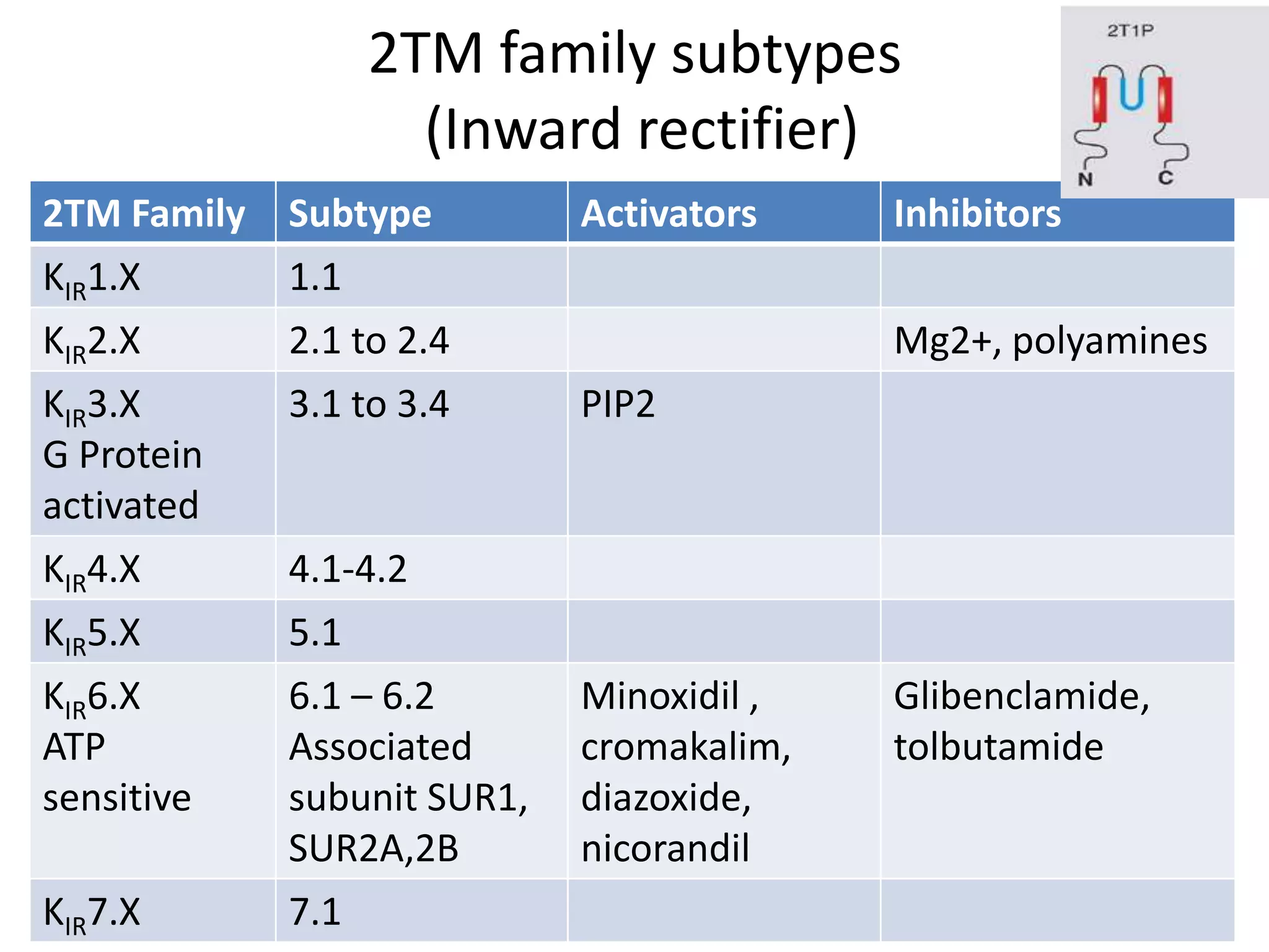 2TM family subtypes
                   (Inward rectifier)
2TM Family   Subtype         Activators    Inhibitors
KIR1.X       1.1
KIR2.X       2.1 to 2.4                    Mg2+, polyamines
KIR3.X       3.1 to 3.4      PIP2
G Protein
activated
KIR4.X       4.1-4.2
KIR5.X       5.1
KIR6.X       6.1 – 6.2       Minoxidil ,   Glibenclamide,
ATP          Associated      cromakalim,   tolbutamide
sensitive    subunit SUR1,   diazoxide,
             SUR2A,2B        nicorandil
KIR7.X       7.1
 