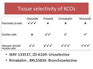 Tissue selectivity of KCOs




• WAY-133537, ZD-6169: Uroselective
• Rimakalim , BRL55834: Bronchoselective
 
