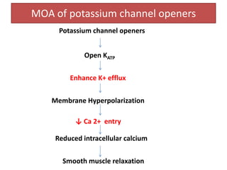 MOA of potassium channel openers
     Potassium channel openers


             Open KATP


        Enhance K+ efflux


   Membrane Hyperpolarization

          ↓ Ca 2+ entry

    Reduced intracellular calcium


      Smooth muscle relaxation
 
