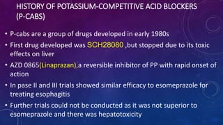 HISTORY OF POTASSIUM-COMPETITIVE ACID BLOCKERS
(P-CABS)
• P-cabs are a group of drugs developed in early 1980s
• First drug developed was SCH28080 ,but stopped due to its toxic
effects on liver
• AZD 0865(Linaprazan),a reversible inhibitor of PP with rapid onset of
action
• In pase II and III trials showed similar efficacy to esomeprazole for
treating esophagitis
• Further trials could not be conducted as it was not superior to
esomeprazole and there was hepatotoxicity
 