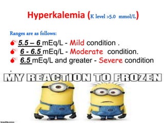 Hyperkalemia (K level >5.0 mmol/L)
Ranges are as follows:
5.5 – 6 mEq/L - Mild condition .
 6 - 6.5 mEq/L - Moderate condition.
 6.5 mEq/L and greater - Severe condition
.
 