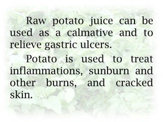	Raw potato juice can be used as a calmative and to relieve gastric ulcers. 	Potato is used to treat inflammations, sunburn and other burns, and cracked skin.  