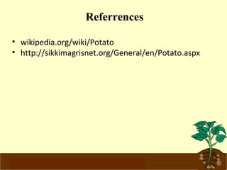 Referrences 
• wikipedia.org/wiki/Potato 
• http://sikkimagrisnet.org/General/en/Potato.aspx 
www.potatoesforschools.org.uk 
 