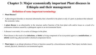 Chapter 3: Major economically important Plant diseases in
Ethiopia and their management
Definition of some important terminology
 Plant Disease?
 A physiological disorder or structural abnormality that is harmful to the plant or only it’s parts or products that reduced
the economic value.
• A plant disease is an abnormality in the structure and/or function of the host plant cells and/or tissue as a result of a
continuous irritation caused by a pathogenic agent or an environmental factor.
• A disease is not static; it is a series of changes in the plant.
• Plant disease is the result of an infectious, or biotic (a living component of an ecosystem) agent or a noninfectious, or
abiotic (nonliving, physical and/or chemical component) factor.
 Plant injury is an abrupt alteration of form or function caused by a discontinuous irritant. Plant injury includes insect,
animal, physical, chemical or environmental agents.
 