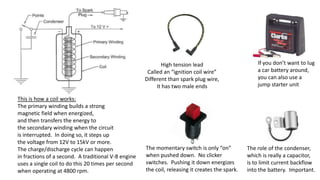 High tension lead
Called an “ignition coil wire”
Different than spark plug wire,
It has two male ends
If you don’t want to lug
a car battery around,
you can also use a
jump starter unit
This is how a coil works:
The primary winding builds a strong
magnetic field when energized,
and then transfers the energy to
the secondary winding when the circuit
is interrupted. In doing so, it steps up
the voltage from 12V to 15kV or more.
The charge/discharge cycle can happen
in fractions of a second. A traditional V-8 engine
uses a single coil to do this 20 times per second
when operating at 4800 rpm.
The momentary switch is only “on”
when pushed down. No clicker
switches. Pushing it down energizes
the coil, releasing it creates the spark.
The role of the condenser,
which is really a capacitor,
is to limit current backflow
into the battery. Important.
 