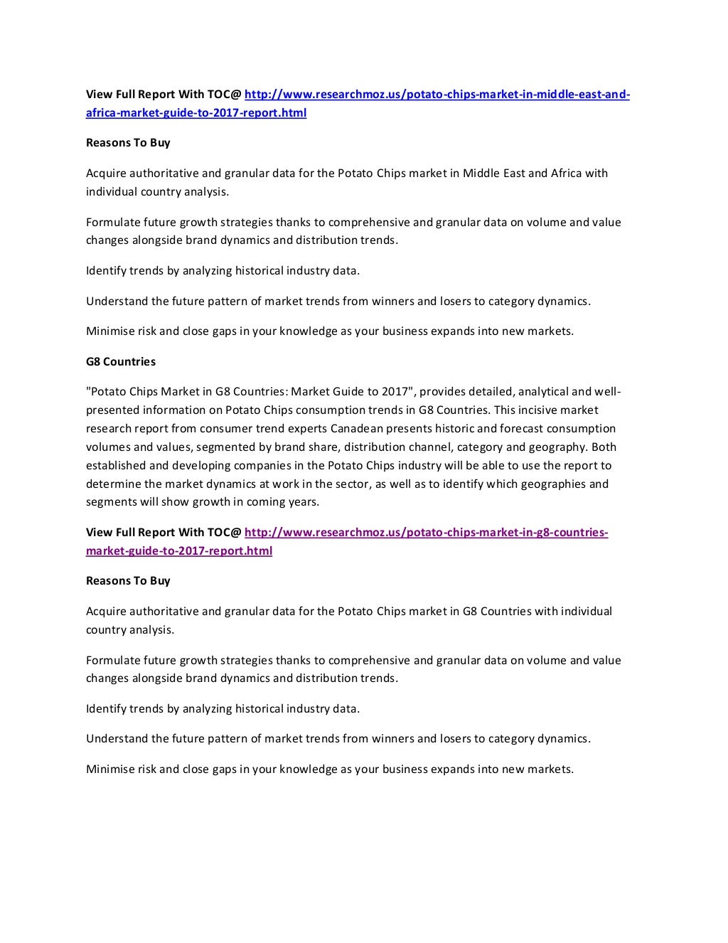 Potato Chips Market in Latin America, Middle East, Africa And G8 Countries to 2017