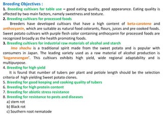 Breeding Objectives :
1. Breeding cultivars for table use – good eating quality, good appearance. Eating quality is
affected by two main factors, namely sweetness and texture.
2. Breeding cultivars for processed foods
Breeders have developed cultivars that have a high content of beta-carotene and
anthocyanin, which are suitable as natural food colorants, flours, juices and pre cooked foods.
Sweet potato cultivars with purple flesh color containing anthocyanin for processed foods are
recognized broadly as the health promoting foods.
3. Breeding cultivars for industrial raw materials of alcohol and starch
Imo shochu is a traditional spirit made from the sweet potato and is popular with
consumers in Japan. The leading variety used as a raw material of alcohol production is
‘koganesengan’. This cultivars exhibits high yield, wide regional adaptability and is
multipurpose.
4. Breeding for high yield
It is found that number of tubers per plant and petiole length should be the selection
criteria of high yielding Sweet potato clones.
5. Breeding for good keeping and cooking quality of tubers
6. Breeding for high protein content
7. Breeding for abiotic stress resistance
8. Breeding for resistance to pests and diseases
a) stem rot
b) Black rot
c) Southern root nematode
 