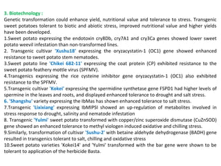3. Biotechnology :
Genetic transformation could enhance yield, nutritional value and tolerance to stress. Transgenic
sweet potatoes tolerant to biotic and abiotic stress, improved nutritional value and higher yields
have been developed.
1.Sweet potato expressing the endotoxin cry8Db, cry7A1 and cry3Ca genes showed lower sweet
potato weevil infestation than non-transformed lines.
2. Transgenic cultivar 'Xushu18' expressing the oryzacystatin-1 (OC1) gene showed enhanced
resistance to sweet potato stem nematodes.
3.Sweet potato line 'Chikei 682-11' expressing the coat protein (CP) exhibited resistance to the
sweet potato feathery mottle virus (SPFMV).
4.Transgenics expressing the rice cysteine inhibitor gene oryzacystatin-1 (OC1) also exhibited
resistance to the SPFMV.
5.Transgenic cultivar 'Kokei' expressing the spermidine synthetase gene FSPD1 had higher levels of
spermine in the leaves and roots, and displayed enhanced tolerance to drought and salt stress.
6. 'Shangshu' variety expressing the IbMas has shown enhanced tolerance to salt stress.
7.Transgenic 'Lixixiang' expressing IbMIPSI showed an up-regulation of metabolites involved in
stress response to drought, salinity and nematode infestation
8. Transgenic 'Yulmi' sweet potato transformed with copper/zinc superoxide dismutase (CuZnSOD)
gene showed an enhanced tolerance to methyl viologen induced oxidative and chilling stress.
9.Similarly, transformation of cultivar 'Sushu-2' with betaine aldehyde dehydrogenase (BADH) gene
resulted in transgenics tolerant to salt, chilling and oxidative stress
10.Sweet potato varieties 'Kokei14' and 'Yulmi' transformed with the bar gene were shown to be
tolerant to application of the herbicide Basta.
 