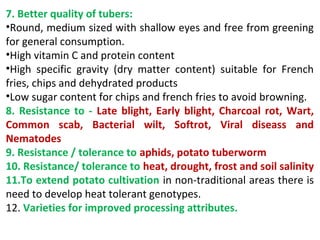 7. Better quality of tubers:
•Round, medium sized with shallow eyes and free from greening
for general consumption.
•High vitamin C and protein content
•High specific gravity (dry matter content) suitable for French
fries, chips and dehydrated products
•Low sugar content for chips and french fries to avoid browning.
8. Resistance to - Late blight, Early blight, Charcoal rot, Wart,
Common scab, Bacterial wilt, Softrot, Viral diseass and
Nematodes
9. Resistance / tolerance to aphids, potato tuberworm
10. Resistance/ tolerance to heat, drought, frost and soil salinity
11.To extend potato cultivation in non-traditional areas there is
need to develop heat tolerant genotypes.
12. Varieties for improved processing attributes.
 