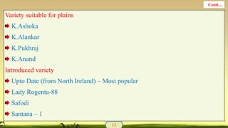 Variety suitable for plains
K.Ashoka
K.Alankar
K.Pukhraj
K.Anand
Introduced variety
Upto Date (from North Ireland) – Most popular
Lady Rogenta-88
Safodi
Santana – 1
13
Conti…
 