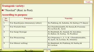 Transgenic variety:
“Newleaf” (Resi. to Pest).
According to purpose
15
Conti…
 
