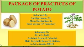 Submitted By:
Aal Jigarkumar M.
M.Sc. Horticulture in
Fruit science (1St Semester)
Submitted To:
Dr. V. I. Joshi
Assistant Research Scientist,
Main Vegetable Research Station,
A.A.U., Anand. 388110
PACKAGE OF PRACTICES OF
POTATO
 