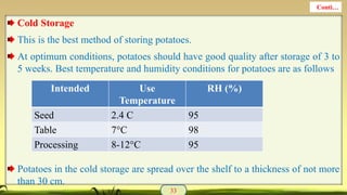 Cold Storage
This is the best method of storing potatoes.
At optimum conditions, potatoes should have good quality after storage of 3 to
5 weeks. Best temperature and humidity conditions for potatoes are as follows
Potatoes in the cold storage are spread over the shelf to a thickness of not more
than 30 cm.
33
Conti…
Intended Use
Temperature
RH (%)
Seed 2.4 C 95
Table 7°C 98
Processing 8-12°C 95
 