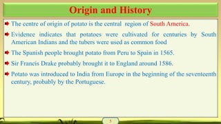 The centre of origin of potato is the central region of South America.
Evidence indicates that potatoes were cultivated for centuries by South
American Indians and the tubers were used as common food
The Spanish people brought potato from Peru to Spain in 1565.
Sir Francis Drake probably brought it to England around 1586.
Potato was introduced to India from Europe in the beginning of the seventeenth
century, probably by the Portuguese.
5
Origin and History
 
