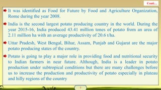It was identified as Food for Future by Food and Agriculture Organization,
Rome during the year 2008.
India is the second largest potato producing country in the world. During the
year 2015-16, India produced 43.41 million tones of potato from an area of
2.11 million ha with an average productivity of 20.6 t/ha.
Uttar Pradesh, West Bengal, Bihar, Assam, Punjab and Gujarat are the major
potato producing states of the country.
Potato is going to play a major role in providing food and nutritional security
to Indian farmers in near future. Although, India is a leader in potato
production under subtropical conditions but there are many challenges before
us to increase the production and productivity of potato especially in plateau
and hilly regions of the country
7
Conti…
 