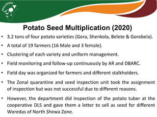 Potato Seed Multiplication (2020)
• 3.2 tons of four potato varieties (Gera, Shenkola, Belete & Gorebela).
• A total of 19 farmers (16 Male and 3 female).
• Clustering of each variety and uniform management.
• Field monitoring and follow-up continuously by AR and DBARC.
• Field day was organized for farmers and different stalkholders.
• The Zonal quarantine and seed inspection unit took the assignment
of inspection but was not successful due to different reasons.
• However, the department did inspection of the potato tuber at the
cooperative DLS and gave them a letter to sell as seed for different
Woredas of North Shewa Zone.
 