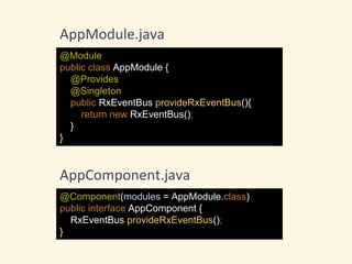 @Module
public class AppModule {
@Provides
@Singleton
public RxEventBus provideRxEventBus(){
return new RxEventBus();
}
}
AppModule.java
@Component(modules = AppModule.class)
public interface AppComponent {
RxEventBus provideRxEventBus();
}
AppComponent.java
 
