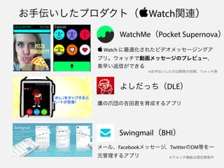 お手伝いしたプロダクト（Watch関連）
よしだっち（DLE）
鷹の爪団の吉田君を育成するアプリ
WatchMe（Pocket Supernova）
 Watch に最適化されたビデオメッセージングア
プリ。ウォッチで動画メッセージのプレビュー、
素早い返信ができる
※お手伝いしたのは開発の初期、ウォッチ側
メール、Facebookメッセージ、TwitterのDM等を一
元管理するアプリ
Swingmail（BHI）
※ウォッチ機能は現在開発中
 