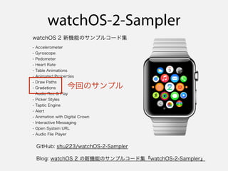 watchOS-2-Sampler
GitHub: shu223/watchOS-2-Sampler
Blog: watchOS 2 の新機能のサンプルコード集『watchOS-2-Sampler』
watchOS 2 新機能のサンプルコード集...