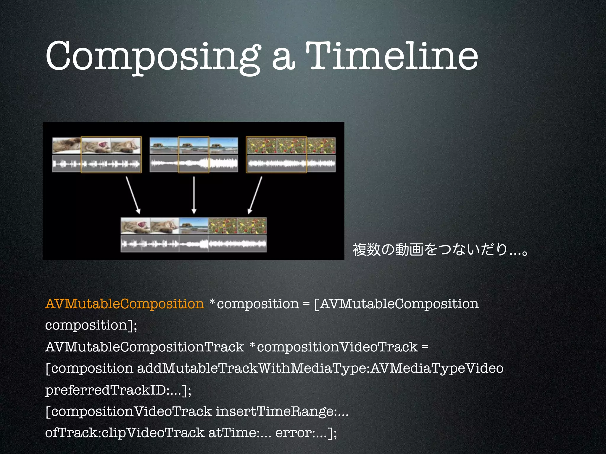 Composing a Timeline

複数の動画をつないだり...。

AVMutableComposition *composition = [AVMutableComposition
composition];
AVMutableCompositionTrack *compositionVideoTrack =
[composition addMutableTrackWithMediaType:AVMediaTypeVideo
preferredTrackID:...];
[compositionVideoTrack insertTimeRange:...
ofTrack:clipVideoTrack atTime:... error:...];

 