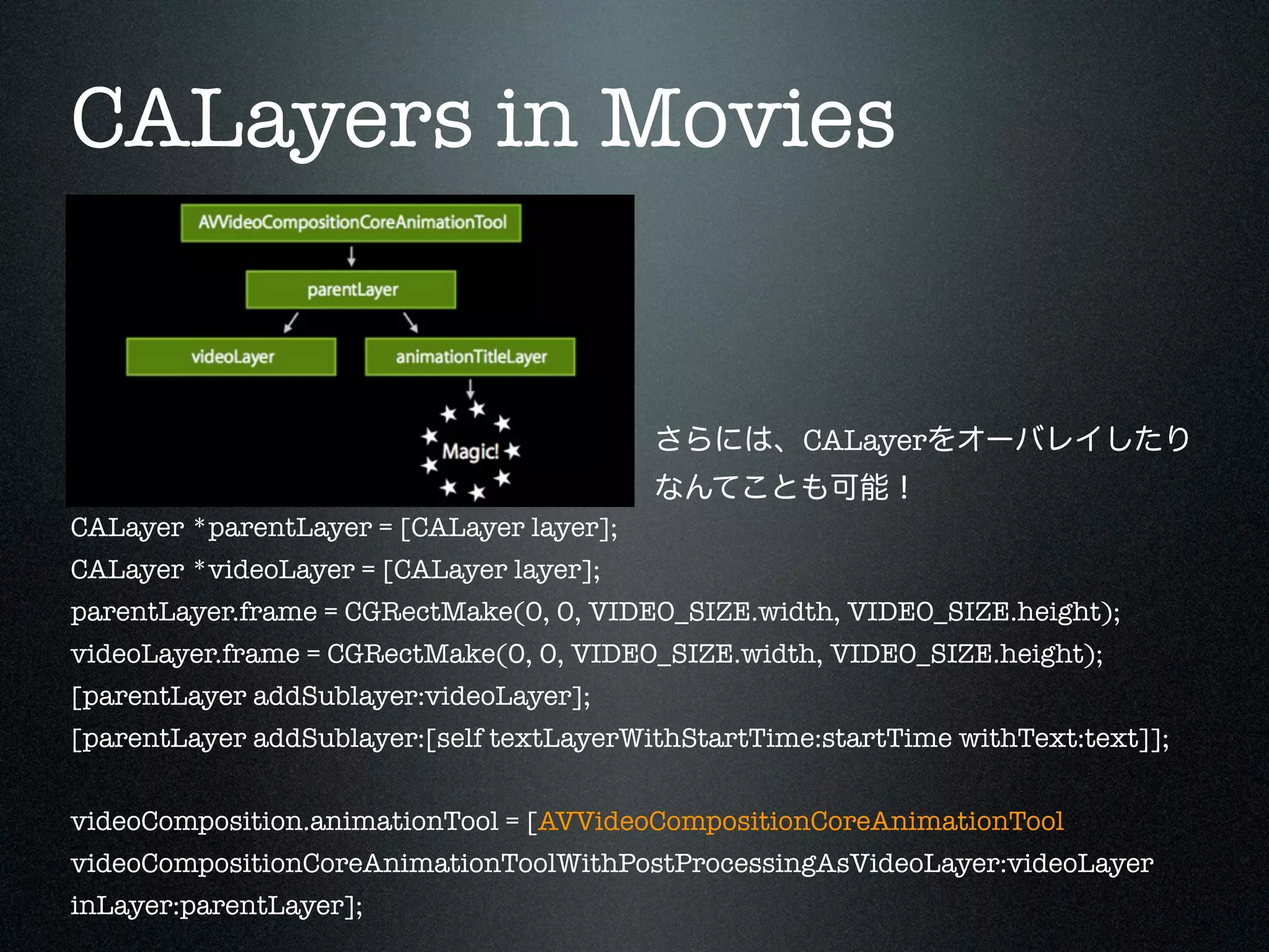 CALayers in Movies

さらには、CALayerをオーバレイしたり
なんてことも可能！
CALayer *parentLayer = [CALayer layer];
CALayer *videoLayer = [CALayer layer];
parentLayer.frame = CGRectMake(0, 0, VIDEO_SIZE.width, VIDEO_SIZE.height);
videoLayer.frame = CGRectMake(0, 0, VIDEO_SIZE.width, VIDEO_SIZE.height);
[parentLayer addSublayer:videoLayer];
[parentLayer addSublayer:[self textLayerWithStartTime:startTime withText:text]];
videoComposition.animationTool = [AVVideoCompositionCoreAnimationTool
videoCompositionCoreAnimationToolWithPostProcessingAsVideoLayer:videoLayer
inLayer:parentLayer];

 