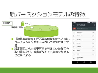 新パーミッションモデルの特徴
連絡帳の読取
利用時
 「連絡帳の読取」が必要な機能を使うときに、
パーミッションをチェックして個別に許可す
る
 設定画面からも変更可能で与えていた許可を
取り消したり、要求がなくても許可を与える
ことが出来る
 