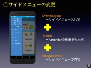 8
①サイドメニューの変更
DrawerLayout 
 →サイドメニュー入れ物
Toolbar 
 →ActionBarの後継的なもの
NavigationView 
 →サイドメニューの内容
 