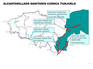ALCANTARILLADO SANITARIO CUENCA TUNJUELO
Interceptor Tunjuelo Alto
Derecho (en construcciòn).
Avance 90% julio 2006
Interceptor Tunjuelo Alto
Izquierdo (por contratar).
Interceptor Tunjuelo
Medio (por contratar).
Interceptor Tunjuelo Bajo
(por contratar).
Interceptor Soacha
Terreros Avance 90%
AGOST 2006
(En Construcción).
272
 