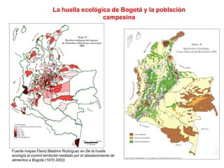 La huella ecológica de Bogotá y la población
campesina
Fuente mapas Flavio Bladimir Rodríguez en De la huella
ecología al control territorial mediado por el abastecimiento de
alimentos a Bogotá (1970 2002)
 