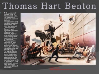 Thomas Hart Benton THB considered himself to be a “Regionalist” artist.  His palette and brushwork kept him far from Impressionism and his clean theatrical pieces kept him from  the later Ash Can movement. Benton’s work seems to be highly influenced by Baroque, with it’s large scale flowing compositions and  was more steeped in traditional American genre paintings in both rural and urban settings. An Illinois native, his work was coined by some as “Okie Baroque”.  For awhile Benton drew and painted for his duty in the Navy and his work was mainly for the recording of daily life in the ship yards of Norfolk VA.  This lead to epic scenes filled with many workers and lots of machinery. Cut the Line 1944 I really wanted to find a size for this, but couldn’t… :( 
