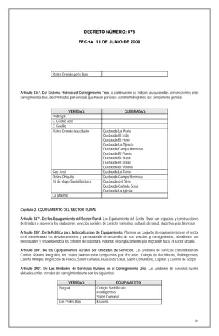 DECRETO NÚMERO: 078

                                        FECHA: 11 DE JUNIO DE 2008




                      Retiro Grande parte Baja



Artículo 336°. Del Sistema Hídrico del Corregimiento Tres. A continuación se indican las quebradas pertenecientes a los
corregimientos tres, discriminados por veredas que hacen parte del sistema hidrográfico del componente general.


                                  VEREDAS                               QUEBRADAS
                      Pedregal
                      El Gualilo Alto
                      El Gualilo
                      Retiro Grande Acueducto             Quebrada La Araña
                                                          Quebrada El Indio
                                                          Quebrada El Hoyo
                                                          Quebrada La Tijereta
                                                          Quebrada Campo Hermoso
                                                          Quebrada El Puerto
                                                          Quebrada El Brasil
                                                          Quebrada El Roble
                                                          Quebrada El Volante
                      San José                            Quebrada La Rana
                      Retiro Chiquito                     Quebrada Campo Hermoso
                      10 de Mayo Santa Bárbara            Quebrada del Siete
                                                          Quebrada Cañada Seca
                                                          Quebrada La Iglesia
                      La Malaña


Capítulo 2. EQUIPAMIENTO DEL SECTOR RURAL

Artículo 337°. De los Equipamiento del Sector Rural. Los Equipamiento del Sector Rural son espacios y construcciones
destinadas a proveer a los ciudadanos servicios sociales de carácter formativo, cultural, de salud, deportivo y de bienestar.

Artículo 338°. De la Política para la Localización de Equipamiento. Plantear un conjunto de equipamientos en el sector
rural minimizando los desplazamientos y promoviendo el desarrollo de sus veredas y corregimientos, atendiendo sus
necesidades y respondiendo a los criterios de cobertura, evitando el desplazamiento y la migración hacia el sector urbano.

Artículo 339°. De los Equipamientos Rurales por Unidades de Servicios. Las unidades de servicios consolidaran los
Centros Rurales Integrales, los cuales podrían estar compuestos por: Escuelas, Colegio de Bachillerato, Polideportivos,
Cancha Múltiple, Inspección de Policía, Salón Comunal, Puesto de Salud, Salón Comunitario, Capillas y Centros de acopio

Artículo 340°. De Las Unidades de Servicios Rurales en el Corregimiento Uno. Las unidades de servicios rurales
ubicadas en las veredas del corregimiento uno son los siguientes:

                                 VEREDAS                           EQUIPAMIENTO
                          Vijagual                   Colegio Bachillerato
                                                     Polideportivo
                                                     Salón Comunal
                          San Pedro Bajo             Escuela



                                                                                                                          101
 