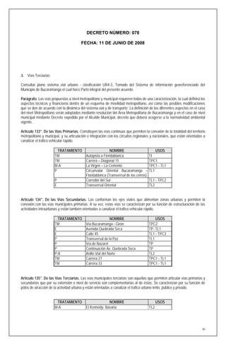 DECRETO NÚMERO: 078

                                        FECHA: 11 DE JUNIO DE 2008




3. Vías Terciarias

Consultar plano sistema vial urbano - clasificación UR4-3, Tomado del Sistema de información georeferenciado del
Municipio de Bucaramanga el cual hace Parte integral del presente acuerdo

Parágrafo. Las vías propuestas a nivel metropolitano y municipal requieren todas de una caracterización, la cual definirá los
aspectos técnicos y financieros dentro de un esquema de movilidad metropolitano, así como las posibles modificaciones
que se den de acuerdo con la dinámica del sistema vial y de transporte. La definición de los diferentes aspectos en el caso
del nivel Metropolitano serán adoptados mediante resolución del Área Metropolitana de Bucaramanga y en el caso de nivel
municipal mediante Decreto expedido por el Alcalde Municipal, decreto que deberá acogerse a la normatividad ambiental
vigente.

Artículo 133°. De las Vías Primarias. Constituyen las vías continuas que permiten la conexión de la totalidad del territorio
metropolitano y municipal, y su articulación e integración con los circuitos regionales y nacionales, que están orientadas a
canalizar el tráfico vehicular rápido.

                        TRATAMIENTO                         NOMBRE                        USOS
                      TM                    Autopista a Floridablanca                 TI
                      TM                    Carrera – Diagonal 15                     TPC1
                      M-A                   La Virgen – La Cemento                    TPC1 - TL1
                      P                     Circunvalar Oriental Bucaramanga – TL1
                                            Floridablanca (Transversal de los cerros)
                      P                     Corredor del Sur                          TL1 - TPC2
                      E                     Transversal Oriental                      TL2


Artículo 134°. De las Vías Secundarias. Las conforman los ejes viales que alimentan zonas urbanas y permiten la
conexión con las vías municipales primarias. A su vez, estas vías se caracterizan por su función de estructuración de las
actividades intraurbanas y están también orientadas a canalizar el tráfico vehicular rápido.

                        TRATAMIENTO                          NOMBRE                       USOS
                      TM                    Vía Bucaramanga - Girón                   TPC2
                      E                     Avenida Quebrada Seca                     TP- TL1
                      E                     Calle 45                                  TL1 - TPC3
                      P                     Transversal de la Paz                     TL1
                      P                     Vía de Nazaret                            TP
                      P                     Continuación Av. Quebrada Seca            TP
                      P-A                   Anillo Vial del Norte                     TL2
                      TM                    Carrera 27                                TPC1 - TL1
                      TM                    Carrera 33                                TPC1 - TL1


Artículo 135°. De las Vías Terciarias. Las vías municipales terciarias son aquellas que permiten articular vías primarias y
secundarias que por su extensión o nivel de servicio son complementarias al de éstas. Se caracterizan por su función de
polos de atracción de la actividad urbana y están orientadas a canalizar el tráfico urbano lento, público y privado.


                       TRATAMIENTO               NOMBRE                                     USOS
                      M-A          El Kennedy- Bavaria                                TL2




                                                                                                                           50
 
