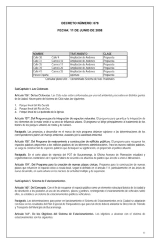 DECRETO NÚMERO: 078

                                        FECHA: 11 DE JUNIO DE 2008




                 NOMBRE                           TRATAMIENTO                 CLASE
                 Calle 30       Calle 9           Ampliación de Andenes       Propuesta
                 Calle 31       Carrera 10        Ampliación de Andenes       Propuesta
                 Calle 35       Carrera 11        Ampliación de Andenes       Propuesta
                 Calle 39       Carrera 20        Ampliación de Andenes       Propuesta
                 Calle 41       Carrera 35        Ampliación de Andenes       Propuesta
                 Paseo España                     Apertura                    Propuesta
                           Consultar plano UR4 - 1 denominado Sistema de Vías Peatonales


SubCapítulo 4. Las Ciclorutas

Artículo 156°. De las Ciclorutas. Las Ciclo rutas están conformadas por una red ambiental y recreativa en distintos puntos
de la ciudad. Hacen parte del sistema de Ciclo rutas las siguientes:

1. Parque lineal del Río Suratá
2. Parque lineal del Río de Oro.
3. Parque lineal de La quebrada de la Iglesia.

Artículo 157°. Del Programa para la integración de espacios naturales. El programa para garantizar la integración de
los elementos de la malla verde a su área de influencia urbana. El programa se dirige principalmente al tratamiento de los
bordes de los parques urbanos de ronda y de canales.

Parágrafo. Los proyectos a desarrollar en el marco de este programa deberán sujetarse a las determinaciones de los
correspondientes planes de manejo ambiental, avalados por la autoridad ambiental.

Artículo 158°. Del Programa de mejoramiento y construcción de edificios públicos. El programa para recuperar los
espacios públicos adyacentes a los edificios públicos de las diferentes administraciones. Para los nuevos edificios públicos,
se exige la construcción de espacios públicos que destaquen su significación, en proporción al público afluente.

Parágrafo. En el corto plazo de vigencia del POT de Bucaramanga, la Oficina Asesora de Planeación estudiará y
reglamentará las condiciones de Espacio Público de acuerdo a la afluencia de público que accede a estas Edificaciones.

Artículo 159°. Del Programa para la creación de nuevas plazas cívicas. Programa para la construcción de nuevas
plazas que refuercen el espacio cívico a escala local, según lo definido en el artículo 111, particularmente en las áreas de
nuevo desarrollo, en suelo urbano en los núcleos de actividad múltiple y de expansión.


SubCapítulo 5. Sistema de Estacionamientos

Artículo 160°. Del Concepto. Con el fin de recuperar el espacio público como un elemento estructural básico de la ciudad y
de devolverle a los peatones el uso de los andenes, plazas y jardines, restringiendo el estacionamiento de vehículos sobre
ellos, se establece un sistema de estacionamientos públicos vehiculares.

Parágrafo. Las determinaciones para poner en funcionamiento el Sistema de Estacionamientos en la Ciudad se adoptarán
con base en los resultados del Plan Especial de Parqueaderos que para tal efecto deberá adelantar la Dirección de Tránsito
y Transporte del Municipio de Bucaramanga.

Artículo 161°. De los Objetivos del Sistema de Estacionamientos. Los objetivos a alcanzar con el sistema de
estacionamientos son los siguientes:




                                                                                                                           57
 