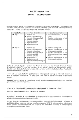 DECRETO NÚMERO: 078

                                        FECHA: 11 DE JUNIO DE 2008




estratégica dentro de la ciudad y por las características adquiridas a través del proceso de formación y consolidación de sus
estructuras, constituyen sectores de atracción de la actividad ciudadana. Por lo tanto muestras de tendencia a la mezcla de
usos urbanos y la identificación de algunos de ellos, especialmente los comerciales.

            Tipo De Area                    Usos Principales                      Usos Complementarios
        AM – Tipo 1                   Comercio local                         Residencial tradicional y de interés
                                      Comercio zonal grupo 1 y 2              social
                                      Comercio oficinas grupo 1 y 2          Industria transformadora de bajo
                                      Comercio hospedaje                      impacto ambiental y físico
                                      Comercio recreativo
                                      Equipamiento local
                                      Equipamiento zonal
                                  
        AM – Tipo 2                   Comercio local                         Comercio zonal grupo 3
                                      Comercio zonal grupo 1 y 2             Industria transformadora de bajo
                                      Comercio metropolitano                  impacto ambiental y físico
                                      Comercio oficinas grupo 1 y 2          Industria transformadora de bajo
                                      Comercio hospedaje                      impacto ambiental y alto impacto
                                      Comercio recreativo                     físico
                                      Equipamiento local                     Industria transformadora de alto
                                      Equipamiento zonal                      impacto ambiental y físico
                                      Equipamiento metropolitano grupo
                                       1y2

La Area de Actividad Múltiple tipo 1 localizado en el Municipio de Bucaramanga en el plano UR8 (denominado Plano de
Actividades) se encuentra: La Virgen, Villa Rosa, Plaza de San Francisco, Parque de San Francisco, Gaitán, Granada,
Girardot, Guarín, Centro, La Rosita, La Concordia, Cabecera, Sector San Andresito, Ciudadela, Tejar, Plaza Satélite,
Fontana, Campo Hermoso, Café Madrid.

Dentro de la Area de Actividad Múltiple tipo 2 localizado en el Municipio de Bucaramanga en el plano UR8 (denominado
Plano de Actividades) se encuentra: El Café Madrid, Sector Forjas, Sector de la Quebrada la Iglesia, Sector Cárcel de
Mujeres

Parágrafo. Todos los usos que no estén dentro de los usos principales y los usos complementarios en el cuadro del
presente artículo, se consideran prohibidos.



SUBTÍTULO 4. REQUERIMIENTOS ADICIONALES GENERALES PARA LAS AREAS DE ACTIVIDAD

Capítulo 1. ESTACIONAMIENTOS PARA LAS AREAS DE ACTIVIDAD


Artículo 237°. Del Sistema De Estacionamientos. En términos generales los estacionamientos son lugares públicos o
privado destinado al aparcamiento de uno o más vehículos.

Con el fin de recuperar el espacio público como elemento estructural básico de la ciudad y de devolverle a los peatones la
posibilidad de disfrutar de las zonas destinadas específicamente para ello, el POT de Bucaramanga busca reglamentar de
manera general los estacionamientos de toda clase de vehículos en el sector urbano, de acuerdo a las actividades que se
desarrollan en las diferentes zonas de este.




                                                                                                                           76
 