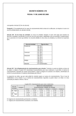 DECRETO NÚMERO: 078

                                         FECHA: 11 DE JUNIO DE 2008




corresponde al artículo 522 de este decreto)

Parágrafo 2. El incumplimiento de los cupos de estacionamiento limita la altura de la edificación, sin importar el sector ni el
área de actividad donde este ubicado el predio.


Artículo 244°. De las Areas de actividad. Las áreas de actividad, designan el suelo como lugar para localizar las
diferentes actividades, permitiendo la mezcla de usos del suelo urbano, adoptándolo como uso principal o complementario,
que se presenta en el sector que delimita. Se encuentra dividido en cinco áreas de actividad y a su interior los respectivos
tipos.


                                     Area de Actividad              Tipos de Area
                                   Residencial                AR Tipo 1
                                                              AR Tipo 2
                                                              AR Tipo 3
                                                              AR Tipo 4
                                   Comercial                  AC Tipo 1
                                                              AC Tipo 2
                                   Dotacional                 AD Tipo 1
                                                              AD Tipo 2
                                                              AD Tipo 3
                                   Múltiple                   AM Tipo 1
                                                              AM Tipo 2
                                   Industrial                 AI Transformadora


Artículo 245°. De la Reglamentación de estacionamientos para vivienda. Teniendo en cuenta los distintos sectores de
la ciudad, se elaboro el cuadro R-01 denominado Estacionamientos para zona residencial, el cual define el número de
estacionamientos requeridos por estrato socioeconómico, según la categoría en ocasional o de visitantes, denominado con
la letra V y los permanentes o residentes denominados por la letra R.

La proporción nos indica, que por cada unidad de vivienda requiere un numero de estacionamientos. Para el caso de
multifamiliares en los estratos 5 y 6, el número de estacionamientos requeridos se puede reducir a la mitad, si el área
construida por unidad es inferior a 100 m2.


                                    Cuadro R-01. Estacionamientos para zonas residenciales
                                                            Número de estacionamientos
          Area de
                       Categoría                      (Estacionamientos: unidades de vivienda)
          Actividad
                                     Estrato 1    Estrato 2    Estrato 3    Estrato 4     Estrato 5        Estrato 6
         AR Tipos     R               1:7 viv      1:5 viv      1:2 viv      1:1 viv       2:1 viv          2:1 viv
         1y2          V              1:10 viv     1:10 viv      1:8 viv      1:6 viv       1:5 viv          1:4 viv
         AR Tipos     R               1:7 viv      1:7 viv      1:3 viv      1:2 viv       1:1 viv          1:1 viv
         3y4          V              1:12 viv     1:12 viv      1:10 viv     1:8 viv       1:6 viv          1:5 viv

R- Exigencia de estacionamientos permanentes o residentes
V - Exigencia de estacionamientos ocasionales o de visitantes




                                                                                                                             79
 