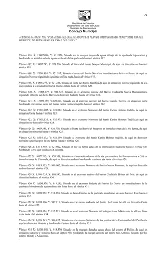 República de Colombia
Departamento del Valle del Cauca
Municipio de Buenaventura
Concejo Municipal
ACUERDO No. 03 DE 2001 “POR MEDIO DEL CUAL SE ADOPTA EL PLAN DE ORDENAMIENTO TERRITORIAL PARA EL
MUNICIPIO DE BUENAVENTURA, VALLE DEL CAUCA”
Vértice #16, X: 1’007.086, Y: 921.976, Situado en la margen izquierda aguas debajo de la quebrada Aguacatico y
bordeando en sentido sudeste aguas arriba de dicha quebrada hasta el vértice #17.
Vértice #17, X: 1’007.283, Y: 921.796, Situado al Norte del barrio Bosque Municipal, de aquí en dirección sur hasta el
vértice #18.
Vértice #18, X: 1’006.914, Y: 921.917, Situado al norte del barrio Naval en inmediaciones dela via ferrea, de aquí en
dirección Noreste siguiendo siguiendo en line recta, hasta el vértice #19.
Vértice #19, X: 1’008.279, Y: 921.281, Situado al oeste del barrio Gamboa,de aquí en dirección noreste siguiendo la Via
que conduce a la ciudadela Nueva Buenaventura hasta el vértice #20.
Vértice #20, X: 1’008.279, Y: 921.925, Situado en el extremo noreste del Barrio Ciudadela Nueva Buenaventura,
siguiendo el borde de dicho Barrio en direccion Sudeste hasta el vértice #21.
Vértice #21, X: 1’009.159, Y:920.801, Situado en el extremo noreste del barrio Camilo Torres, en direccion norte
bordeando el extremo oeste del barrio carlos Holmes trujillo, hasta el vértice #22.
Vértice #22, X: 1’009,202, Y: 921.012, Situado en el extremo Noroeste del barrio Carlos Holmes trulillo, de aquí en
direccion Oeste hasta el vértice #23.
Vértice #23, X: 1’009,535, Y: 920.975, Situado en el extremo Noroeste del barrio Carlos Holmes Trujillo,de aquí en
dirección sur hasta el vértice #24.
Vértice #24 X: 1.009.545, Y: 920.770, Situado al Norte del barrio el Progreso en inmediaciones de la via ferrea, de aquí
en dirección noroeste hasta el vértice #25.
Vértice #25 X: 1.010.172, Y: 921.149, Situado al Noroeste del barrio Carlos Holmes trujillo, de aquí en direccion
noroeste siguiendo por la line ferrea hasta el vértice #26.
Vértice #26 X: 1.011.903, Y: 921.022, Situado en lla via ferrea cerca de su interseccion Sudoeste hasta el vértice #27
bordeando la via que conduce a Citronela.
Vértice #27 X: 1.012.265, Y: 920.538, Situado en el costado sudoeste de la via que conduce de Buenaventura a Cali en
inmediaciones de Citronela, de aquí en direccion sudeste bordeando la misma via hasta el vertice #28.
Vértice #28 X: 1.011.133, Y: 919.902, Situado en el extremo Noroeste del barrio Nueva Frontera, de aquí en dirección
sudeste hasta el vértice #29.
Vértice #29 X: 1,009.535, Y. 908.885, Situado en el extremo sudeste del barrio Ciudadela Brisas del Mar, de aquí en
dirección Surhasta el vértice #30.
Vértice #30 X: 1,009.378, Y. 918.295, Situado en el extremo Sudeste del barrio La Gloria en inmediaciones de la
quebrada Mondomode aquien dirección Estee hasta el vértice #31.
Vértice #31 X: 1,008.932, Y. 918.294, Situado en lado derecho de la quebrada mondomo, de aquí hacía el Este hasta el
vértice #32.
Vértice #32 X: 1,008.966, Y. 917.211, Situado en el extremo sudoeste del barrio La Union de allí en dirección Oeste
hasta el vértice #33.
Vértice #33 X: 1,009.324, Y. 917.215, Situado en en el extremo Noroeste del colegio Jesus Adolecente de allí en línea
recta hasta el el vértice #34.
Vértice #34 X: 1,009.343, Y. 916.657, Situado en el extremo Sudoeste de los predios de la Universidad del Pacificode
aquí en direccion Noreste y bordeando el estero hasta el vértice #35.
Vértice #35 X: 1,006.940, Y. 918.530, Situado en la margen derecha aguas abajo del estero el Pailón, de aquí en
dirección sudoeste y noroeste hasta el vértice #30, bordeando la margen derecha del estero San Antonio, pasando por los
esteros Hondo y Amazonas.
.
24
 
